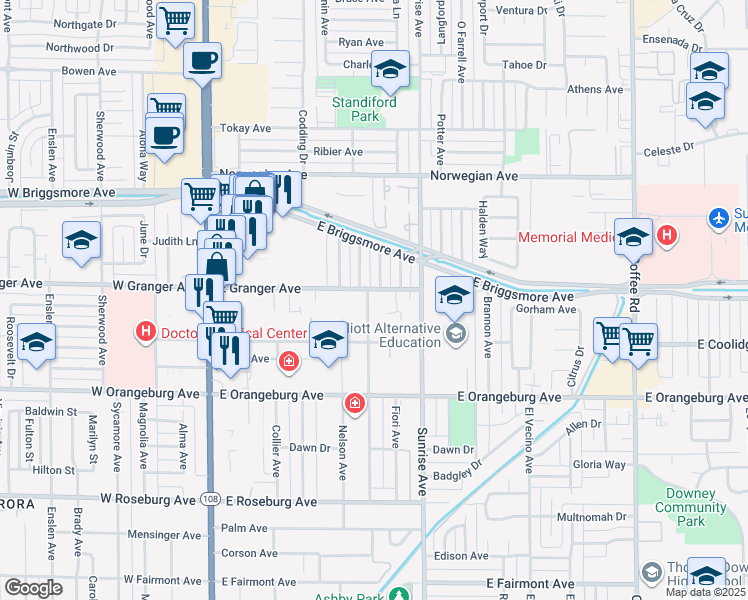 map of restaurants, bars, coffee shops, grocery stores, and more near 1528 Melrose Avenue in Modesto