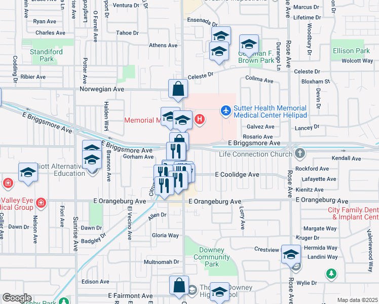 map of restaurants, bars, coffee shops, grocery stores, and more near 1552 Water Street in Modesto