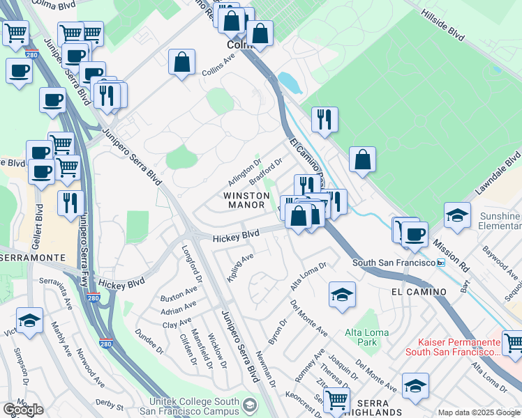 map of restaurants, bars, coffee shops, grocery stores, and more near 88 Duval Drive in South San Francisco