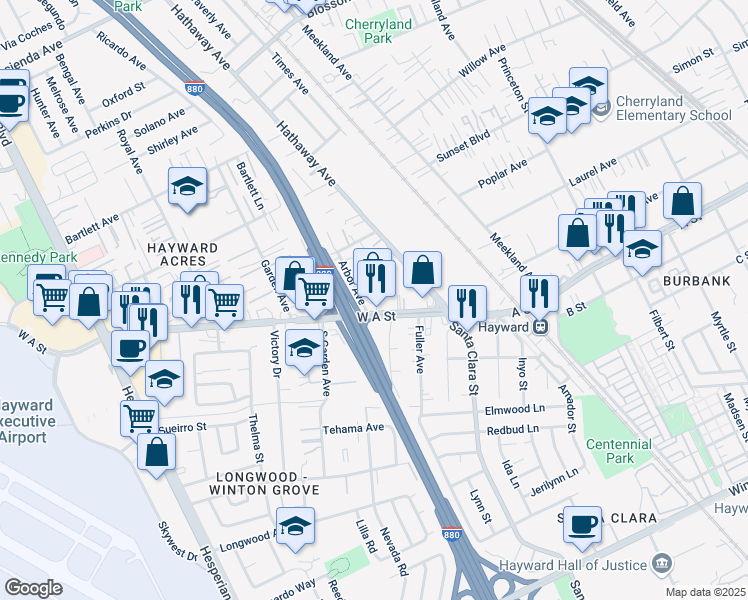 map of restaurants, bars, coffee shops, grocery stores, and more near in Hayward