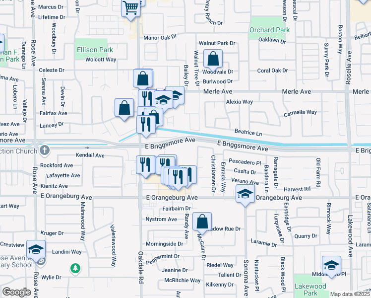 map of restaurants, bars, coffee shops, grocery stores, and more near 2339 Saint Pauls Way in Modesto