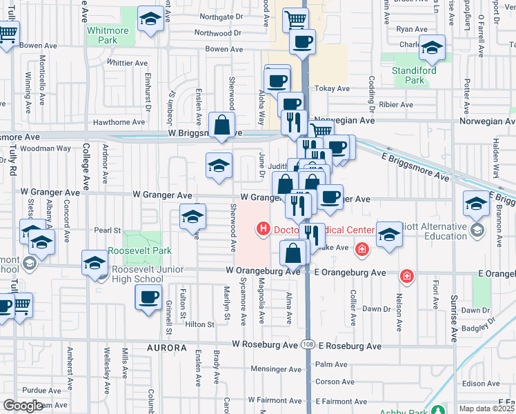 map of restaurants, bars, coffee shops, grocery stores, and more near 1541 Florida Ave in Modesto