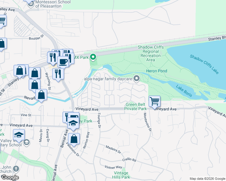 map of restaurants, bars, coffee shops, grocery stores, and more near 3231 Vineyard Avenue in Pleasanton