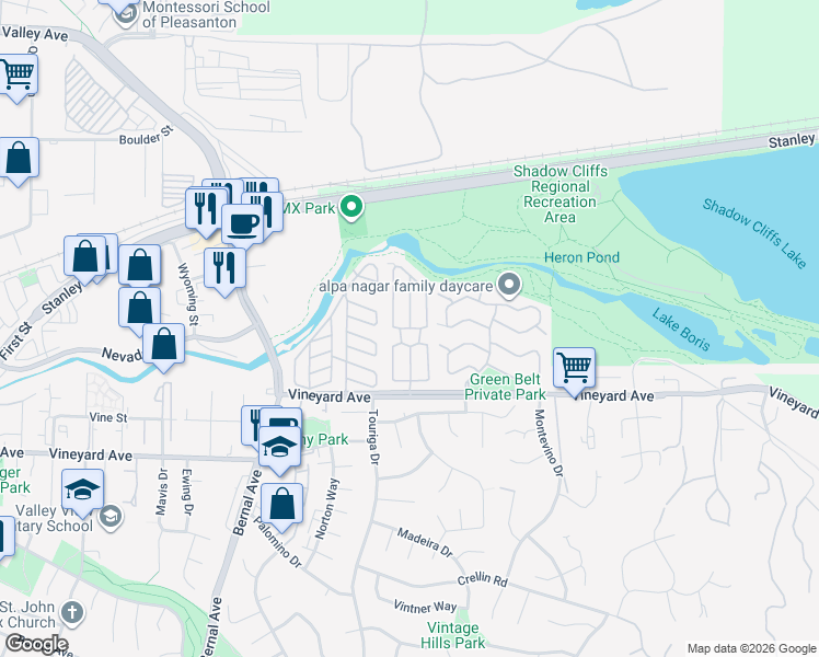 map of restaurants, bars, coffee shops, grocery stores, and more near 3263 Vineyard Avenue in Pleasanton