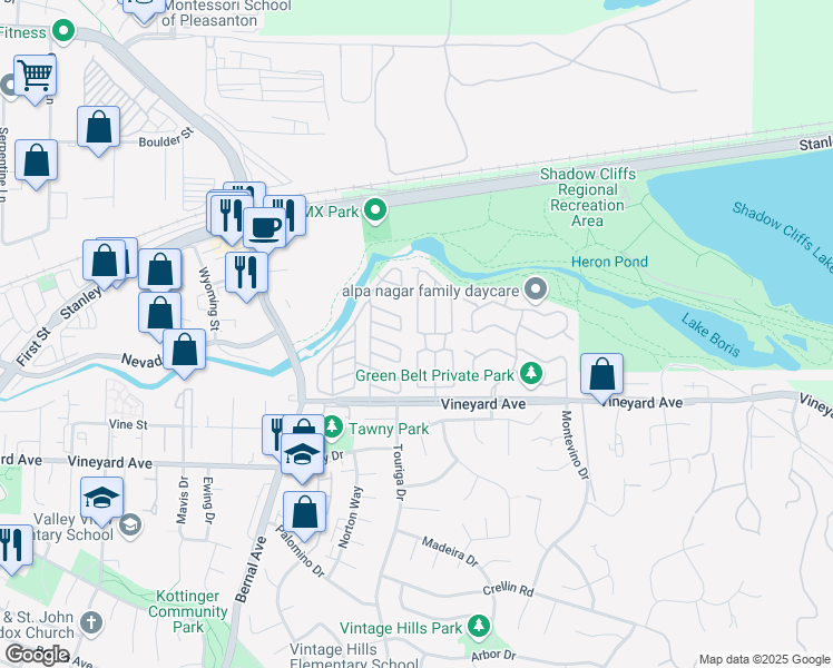 map of restaurants, bars, coffee shops, grocery stores, and more near 3231 Vineyard Avenue in Pleasanton
