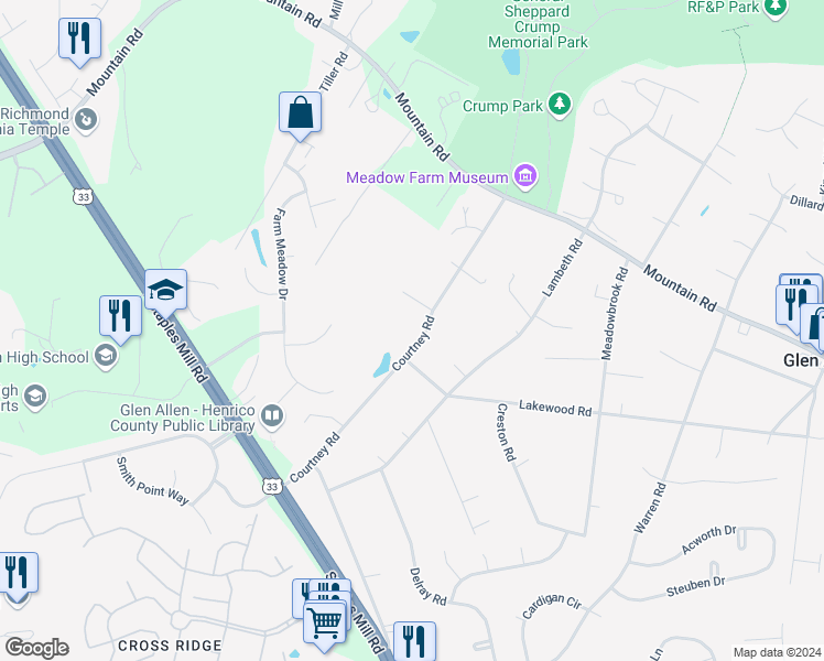 map of restaurants, bars, coffee shops, grocery stores, and more near 10614 Courtney Road in Glen Allen