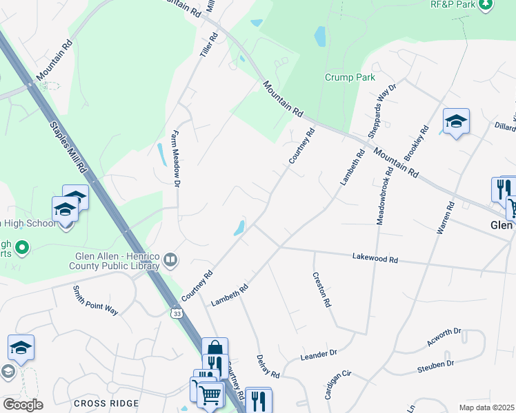 map of restaurants, bars, coffee shops, grocery stores, and more near 10614 Courtney Road in Glen Allen