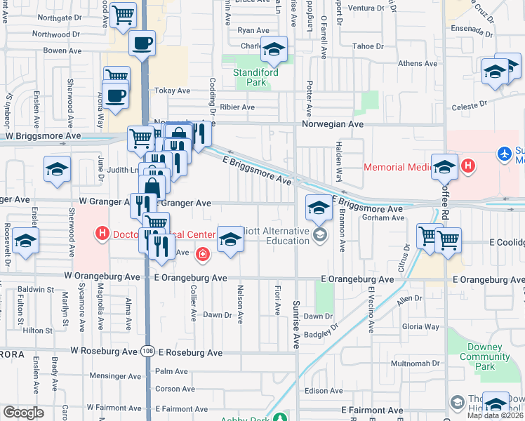 map of restaurants, bars, coffee shops, grocery stores, and more near 1528 Melrose Avenue in Modesto