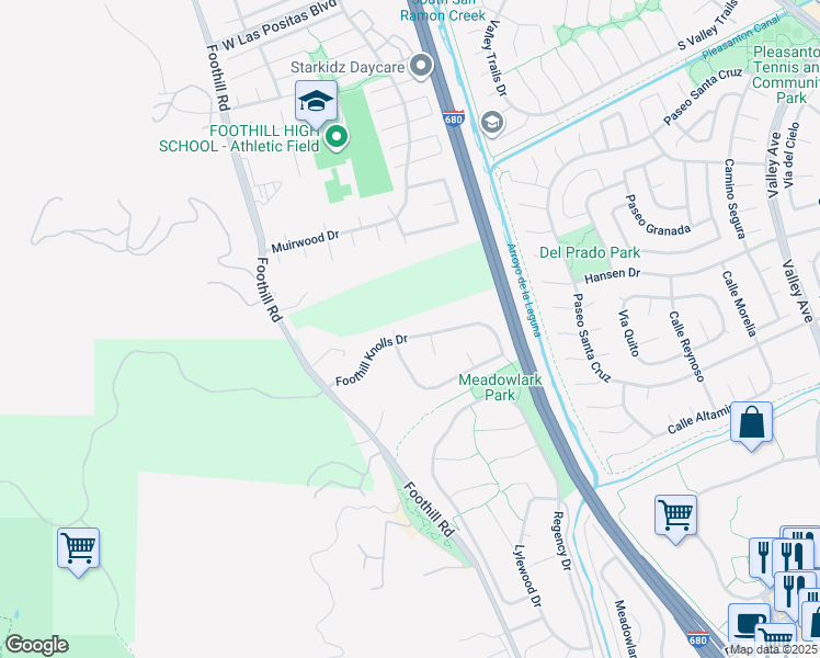 map of restaurants, bars, coffee shops, grocery stores, and more near 7852 Foothill Knolls Drive in Pleasanton