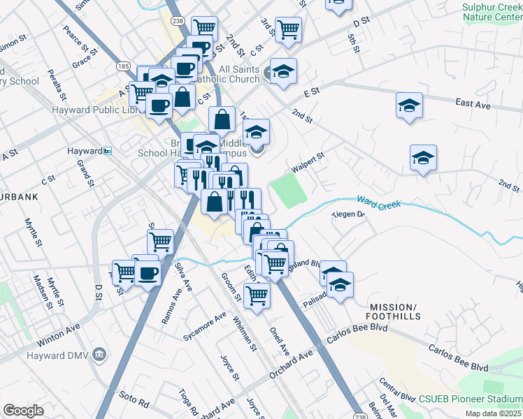 map of restaurants, bars, coffee shops, grocery stores, and more near 928 Fletcher Lane in Hayward