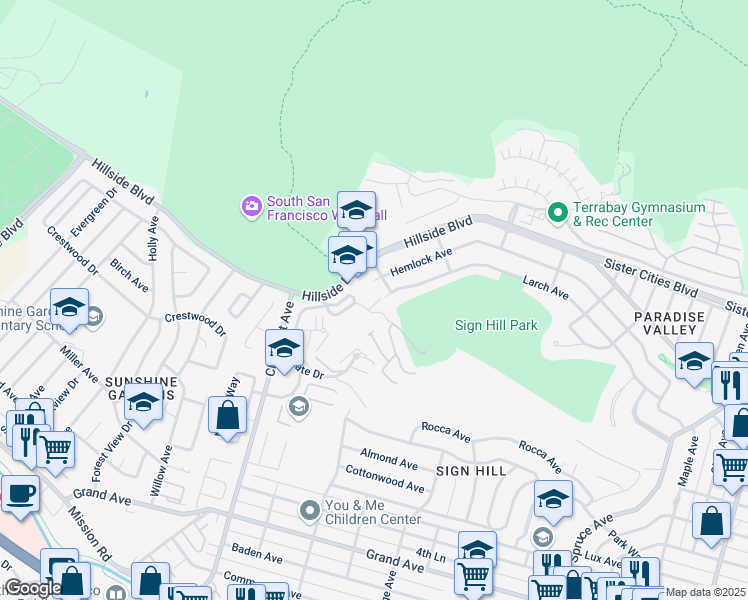 map of restaurants, bars, coffee shops, grocery stores, and more near 955 Ridgeview Court in South San Francisco