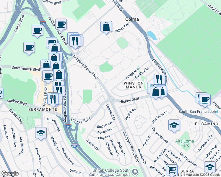 map of restaurants, bars, coffee shops, grocery stores, and more near 101 Longford Drive in South San Francisco