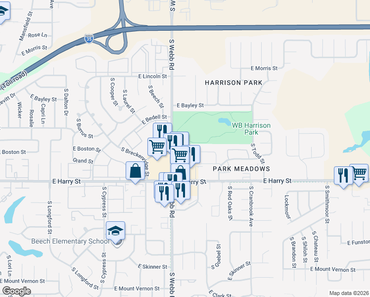 map of restaurants, bars, coffee shops, grocery stores, and more near 1520 South Webb Road in Wichita