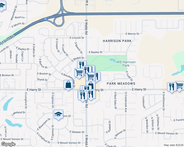 map of restaurants, bars, coffee shops, grocery stores, and more near 1520 South Webb Road in Wichita