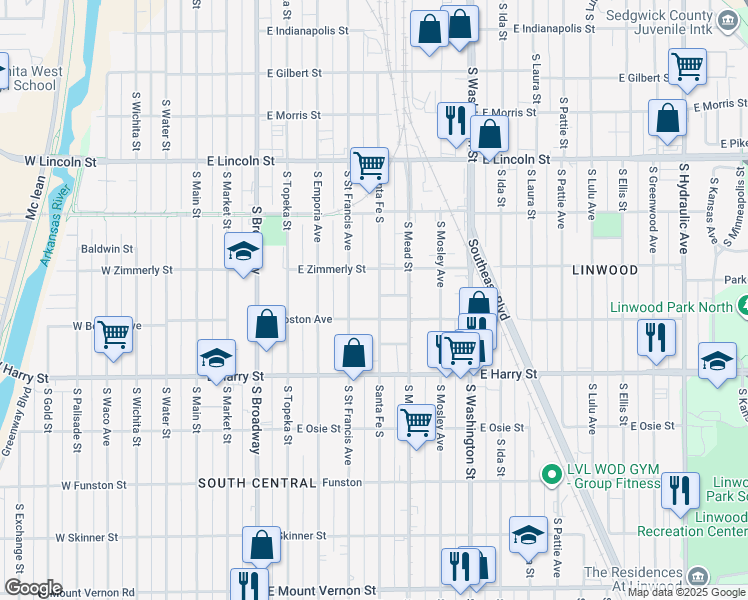 map of restaurants, bars, coffee shops, grocery stores, and more near 1447 Santa Fe South in Wichita