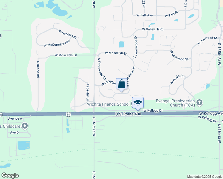 map of restaurants, bars, coffee shops, grocery stores, and more near 14934 West Sandwedge Court in Wichita
