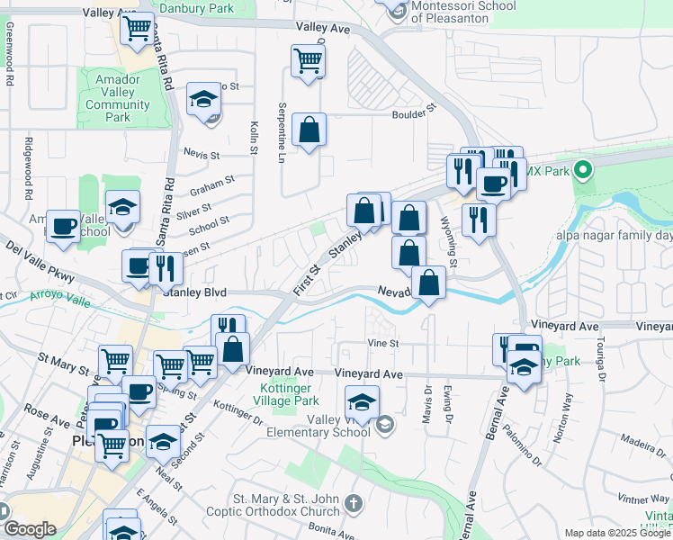 map of restaurants, bars, coffee shops, grocery stores, and more near 3790 Stanley Boulevard in Pleasanton
