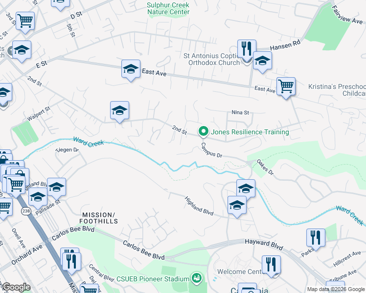 map of restaurants, bars, coffee shops, grocery stores, and more near 24836 Canyon View Court in Hayward