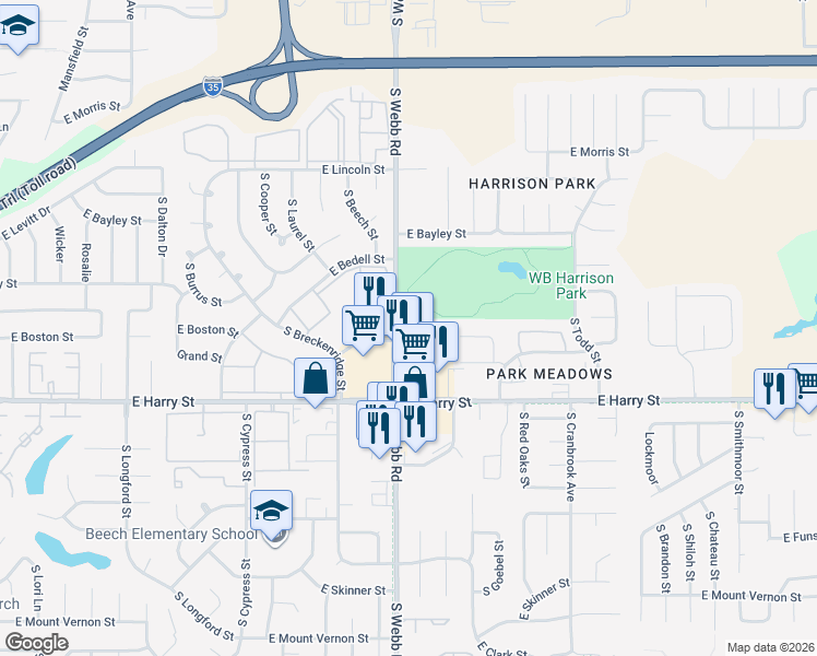 map of restaurants, bars, coffee shops, grocery stores, and more near 1520 South Webb Road in Wichita