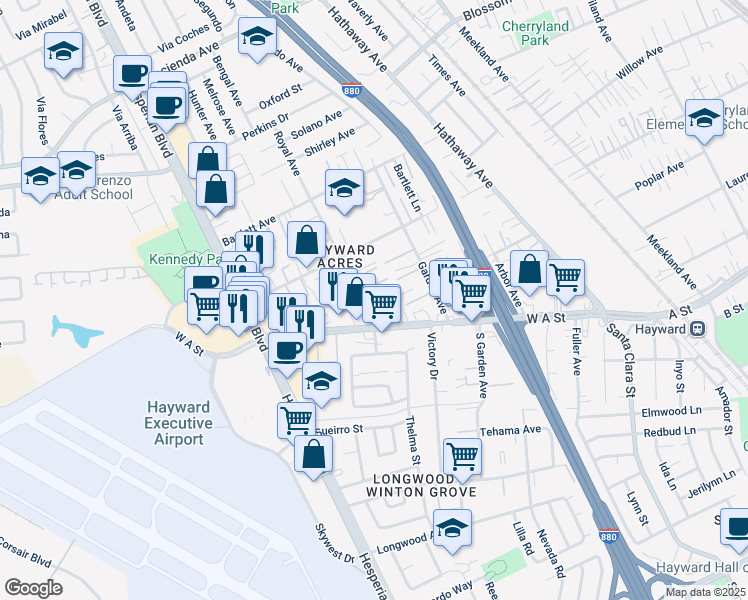map of restaurants, bars, coffee shops, grocery stores, and more near 21142 Royal Avenue in Hayward