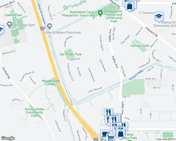 map of restaurants, bars, coffee shops, grocery stores, and more near 2850 Calle Reynoso in Pleasanton