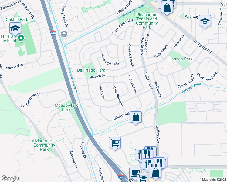 map of restaurants, bars, coffee shops, grocery stores, and more near 2850 Calle Reynoso in Pleasanton