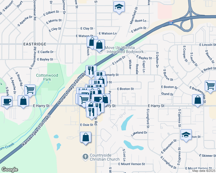 map of restaurants, bars, coffee shops, grocery stores, and more near 8101 East Boston Street in Wichita