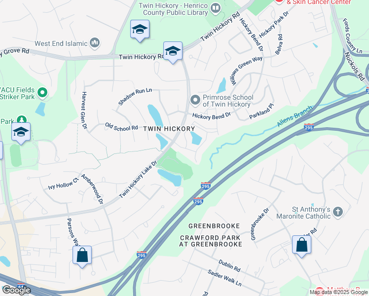 map of restaurants, bars, coffee shops, grocery stores, and more near The Gardens Drive in Glen Allen