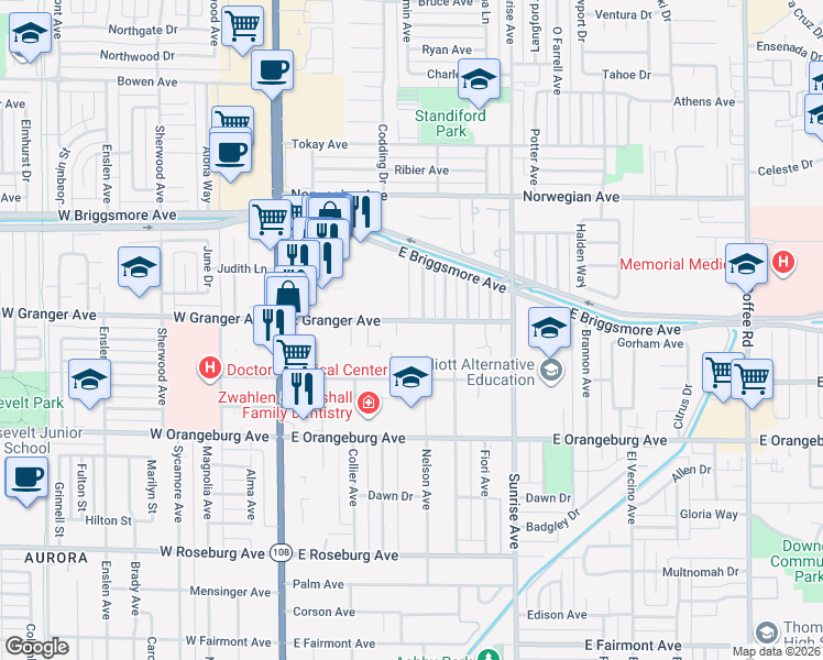 map of restaurants, bars, coffee shops, grocery stores, and more near 300 East Granger Avenue in Modesto