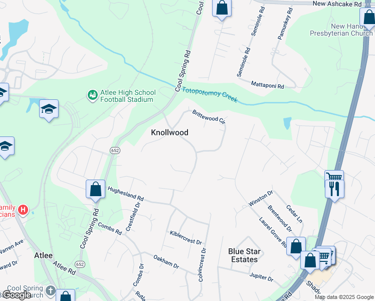 map of restaurants, bars, coffee shops, grocery stores, and more near 9419 Blakeridge Avenue in Mechanicsville