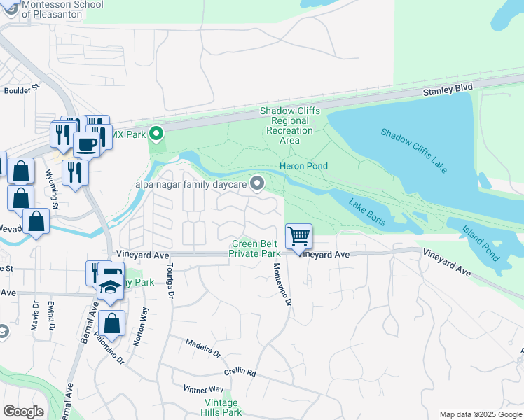 map of restaurants, bars, coffee shops, grocery stores, and more near 2922 Liberty Drive in Pleasanton