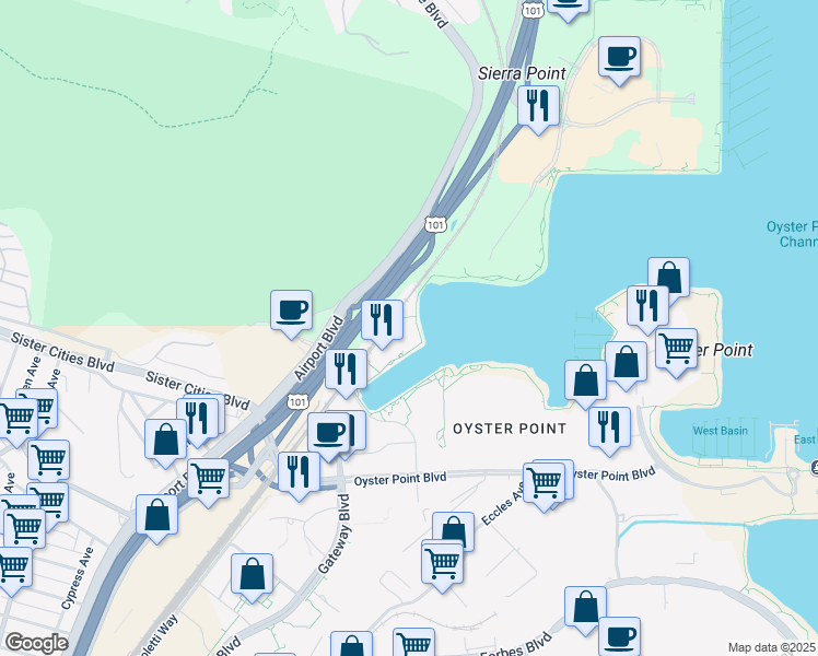 map of restaurants, bars, coffee shops, grocery stores, and more near 1350 Veterans Boulevard in South San Francisco