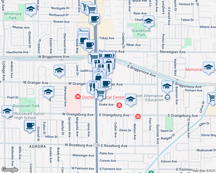 map of restaurants, bars, coffee shops, grocery stores, and more near 157 East Coolidge Avenue in Modesto