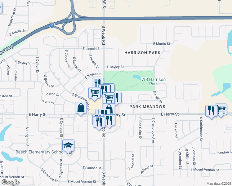map of restaurants, bars, coffee shops, grocery stores, and more near 1403 South Goebel Circle in Wichita