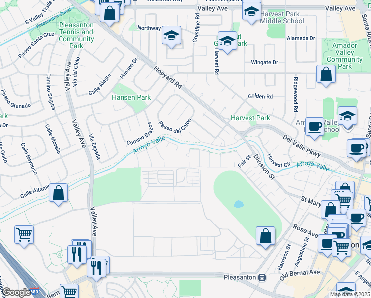 map of restaurants, bars, coffee shops, grocery stores, and more near 1533 Rose Lane in Pleasanton