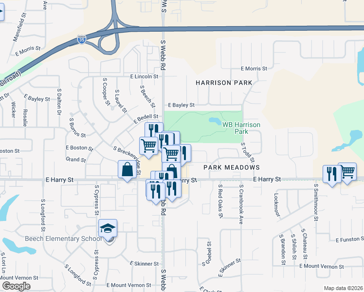 map of restaurants, bars, coffee shops, grocery stores, and more near 1403 South Goebel Circle in Wichita