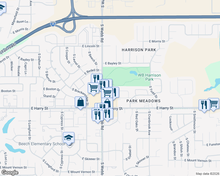 map of restaurants, bars, coffee shops, grocery stores, and more near 1520 South Webb Road in Wichita