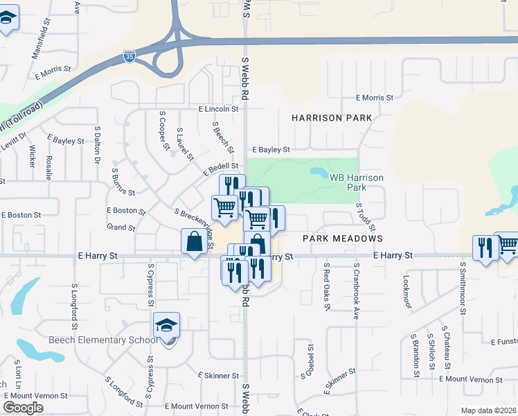 map of restaurants, bars, coffee shops, grocery stores, and more near 1520 South Webb Road in Wichita