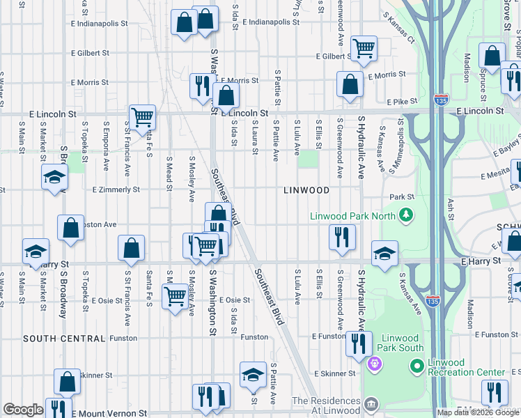 map of restaurants, bars, coffee shops, grocery stores, and more near 1216 East Boston Street in Wichita