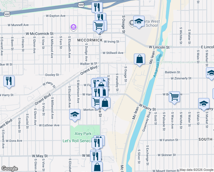 map of restaurants, bars, coffee shops, grocery stores, and more near 1538 South Walnut Street in Wichita