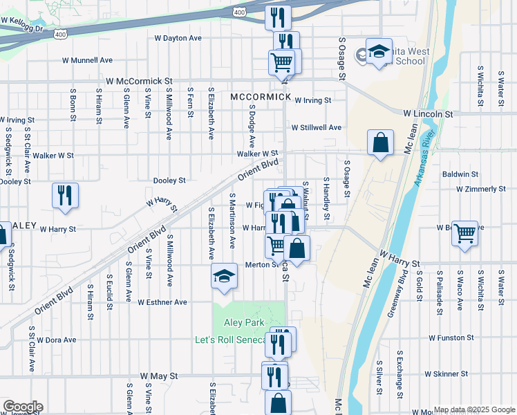 map of restaurants, bars, coffee shops, grocery stores, and more near 1516 A South Dodge Avenue in Wichita