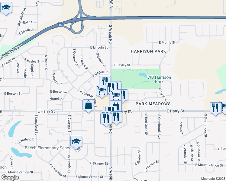 map of restaurants, bars, coffee shops, grocery stores, and more near 1520 South Webb Road in Wichita