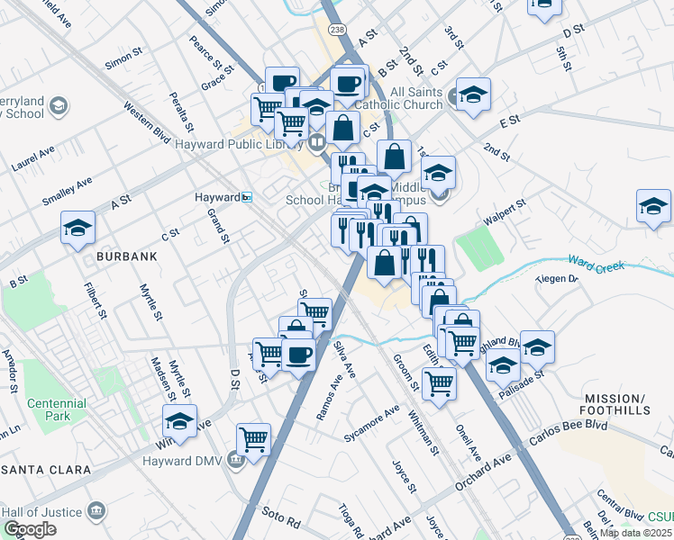 map of restaurants, bars, coffee shops, grocery stores, and more near 22941 Atherton Street in Hayward