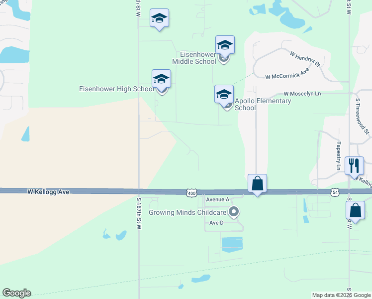 map of restaurants, bars, coffee shops, grocery stores, and more near 16701 U.S. 54 in Goddard
