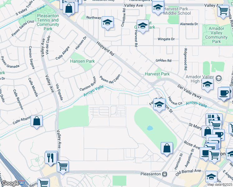 map of restaurants, bars, coffee shops, grocery stores, and more near 1533 Rose Lane in Pleasanton
