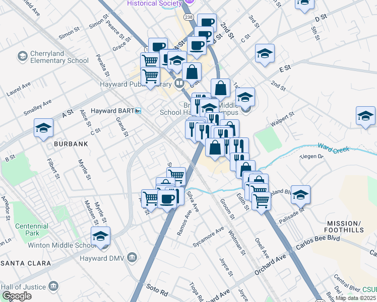 map of restaurants, bars, coffee shops, grocery stores, and more near 22941 Atherton Street in Hayward