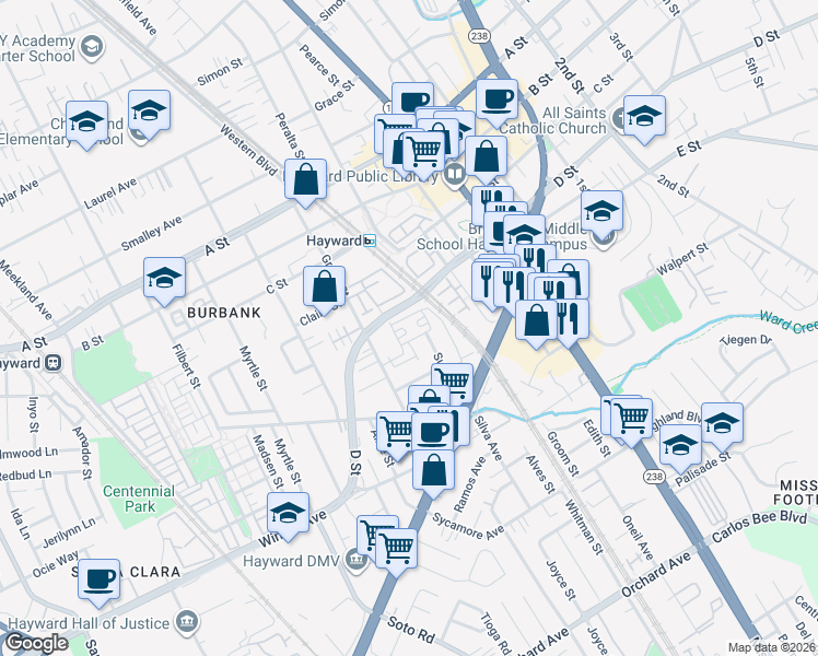 map of restaurants, bars, coffee shops, grocery stores, and more near 676 Mesa Circle in Hayward