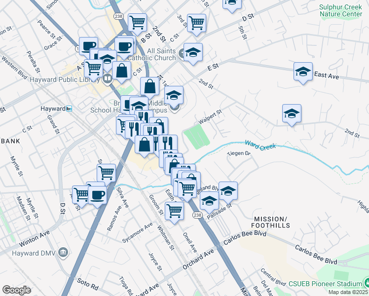 map of restaurants, bars, coffee shops, grocery stores, and more near 944 Walpert Street in Hayward