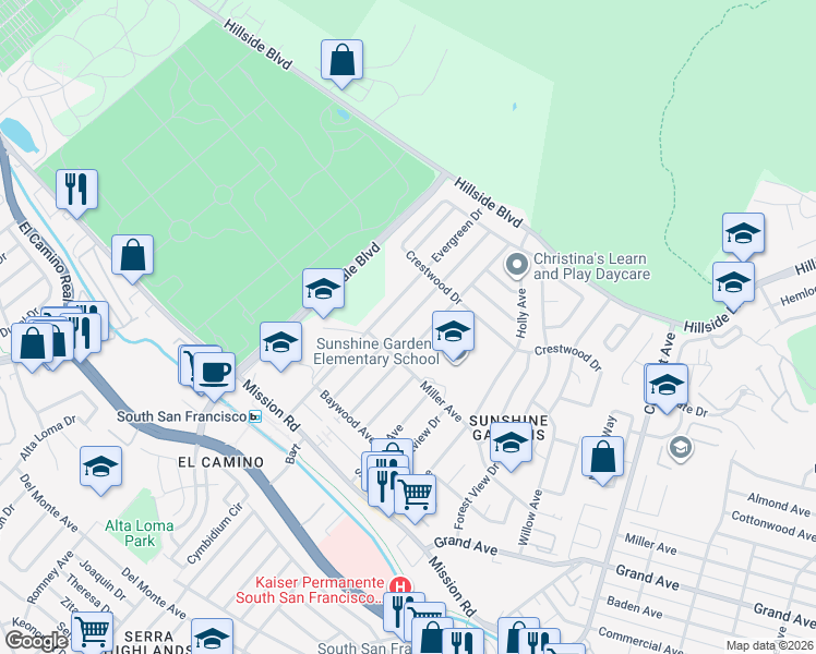 map of restaurants, bars, coffee shops, grocery stores, and more near 328 Gardenside Avenue in South San Francisco