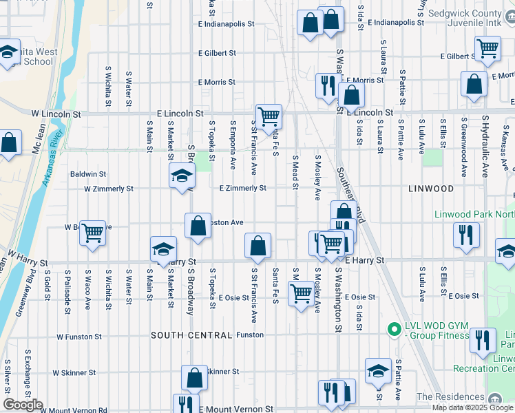 map of restaurants, bars, coffee shops, grocery stores, and more near 550 East Boston Street in Wichita